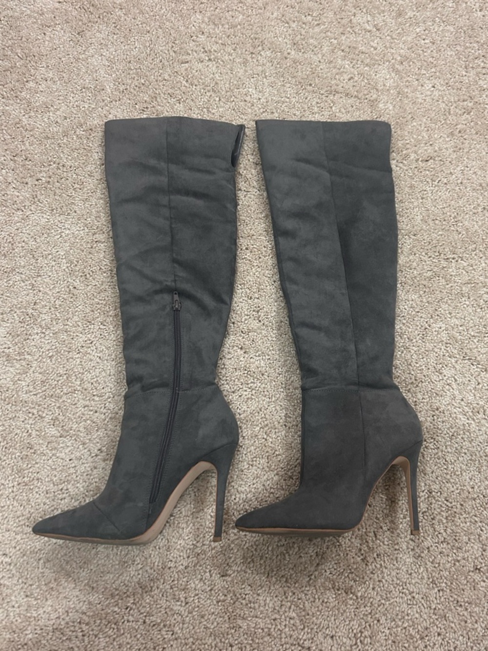 Faux Suede Knee-High Stiletto Boots - Gray